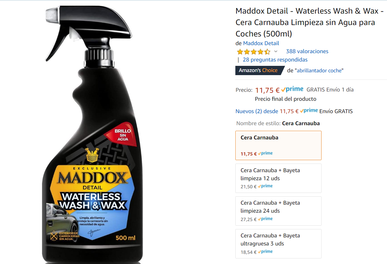Maddox Detail Waterless Wash&Wax Cera De Carnauba, Limpiador Sin